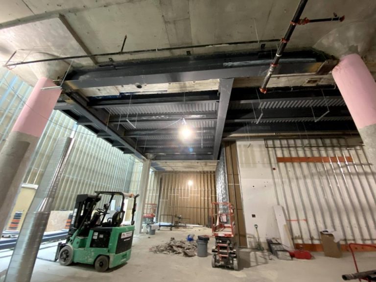 Installed steel framing within the Nike Yorkdale retail construction site